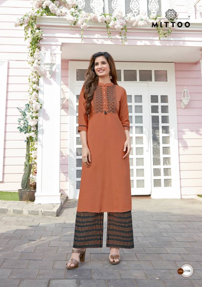 Mittoo Panghat 17 Heavy Rayon Latest Fancy Designer Ethnic Wear Embroidery And Hand Work Long Kurti  With Bottom  Collection